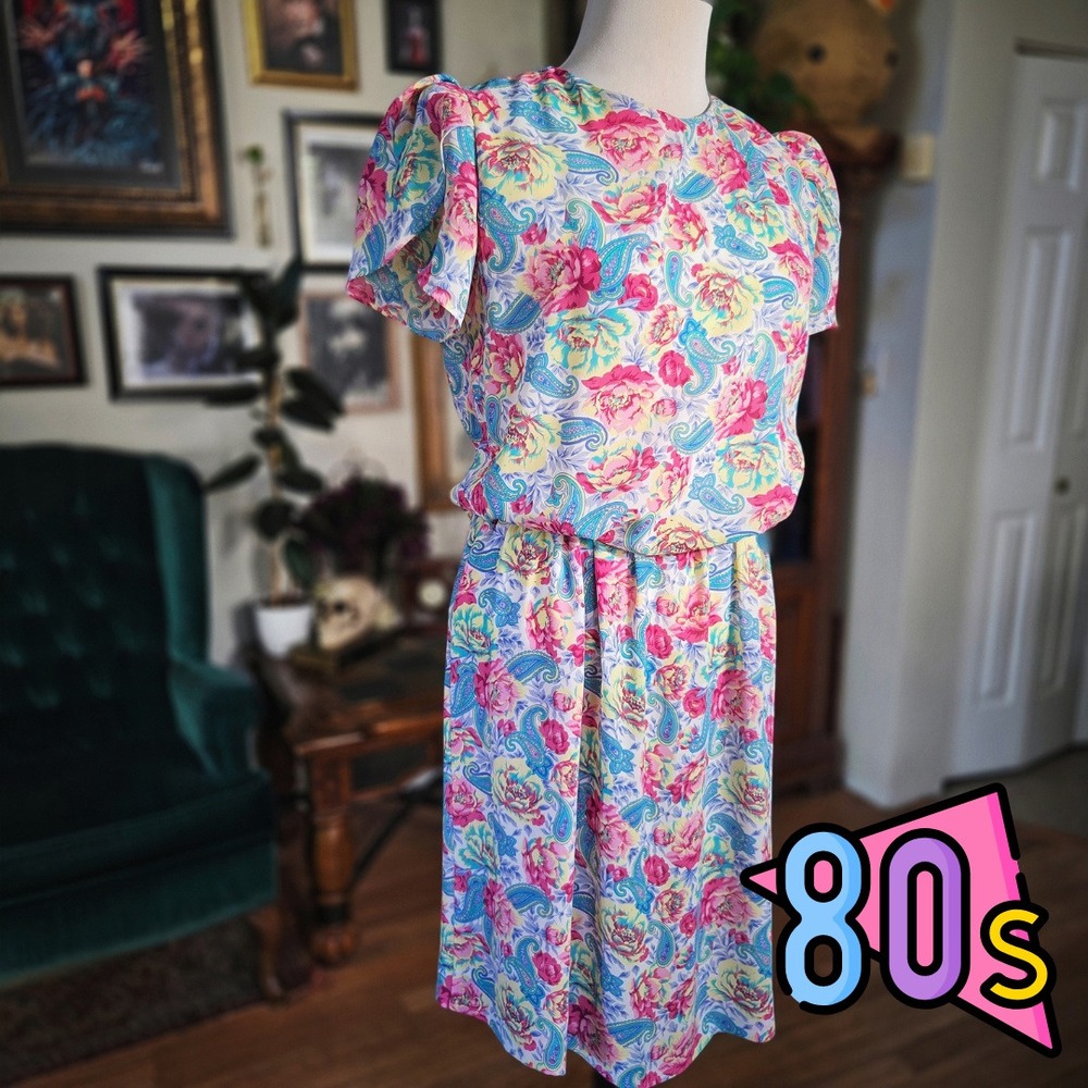 Lady Carol of New York Dress Vintage 80s Floral Paisley Pastel Pink Blue Medium